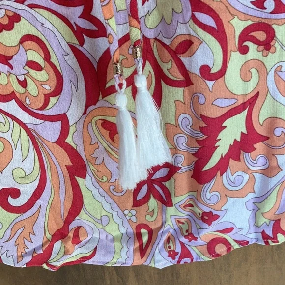 RelistAGB colorful abstract floral blouse lace up w tassel detail at neckline 1X - Picture 5 of 16